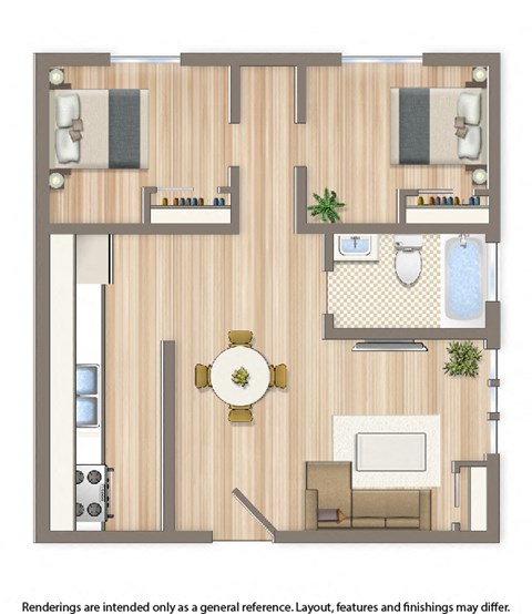 Floor plan for 2 beds, 1 bath, 625 sqft